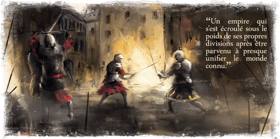 Des chevaliers en armure combattant dans une ville en flamme.