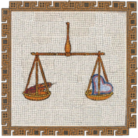 Mosaique d'une balance avec un côté un coeur et de l'autre une plume