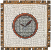 Mosaique d'une horloge dont les deux aiguilles sont des plumes