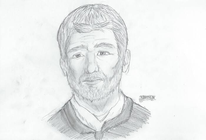 Portrait d'Aamos dessiné au fusain par Aldric.